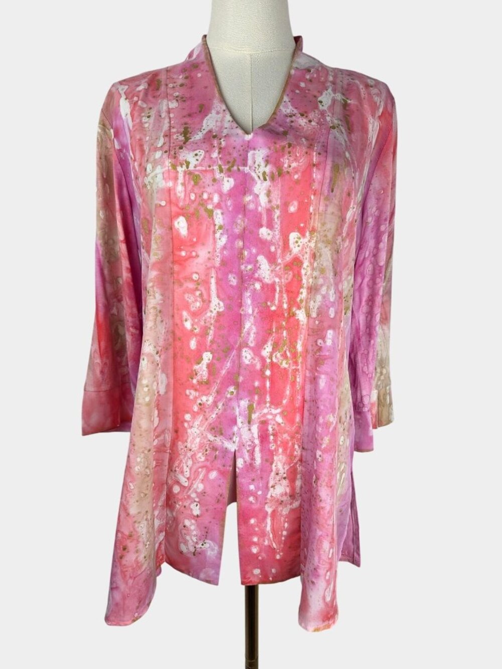 Melarosa Italy Handmade & Painted Tunic Top L Pink Viscose Front Knit Back Artsy